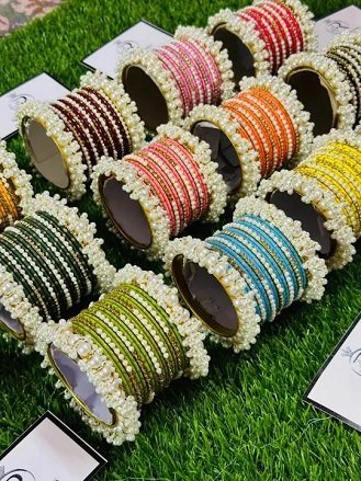 Golden Dotted Metal Bangles Set with Pearl Gajra for Girls – 30+ Colors and Sizes 2.4 / 2.6 / 2.8 for Bridal and Party Wear