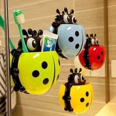 Ladybug Wall-Mounted Toothbrush Holder with Suction Hooks for Bathroom Storage