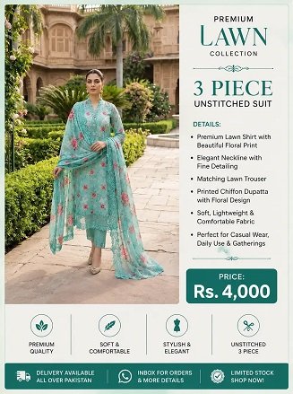 Premium Aqua Blue Floral Lawn 3 Piece UnstitCED
