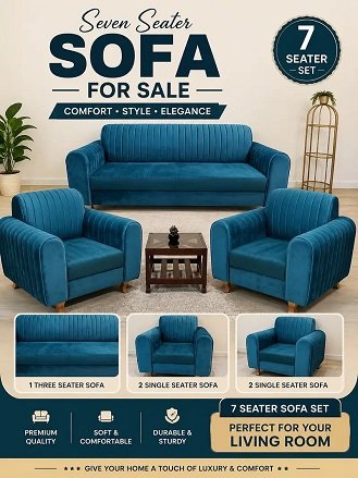 7 Seater Velvet Sofa Set for Sale | Premium Blue Fabric Sofa |