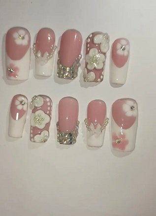 Pink french press on nails with art fake nails artificial nails