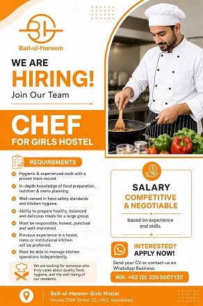 HIRING MALE COOK FOR GIRLS HOSTEL | RESIDENT CHEF-GIRLS HOSTEL