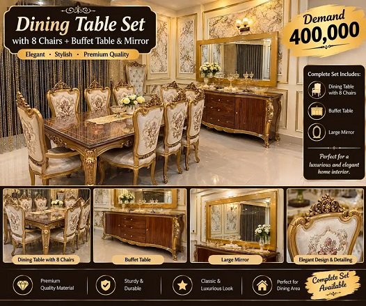 Dining table – 8 Chairs Dining Buffet Table And Mirror For Sale