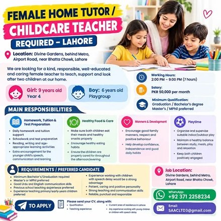 Female Home Job || Childcare Teacher Required || Tutor Job in Home