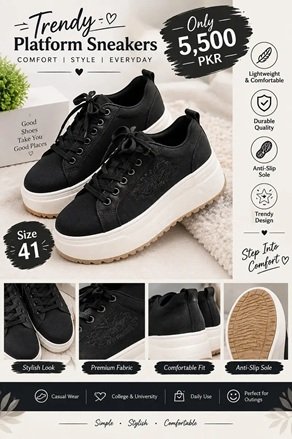 Trendy Black Platform Sneakers | Stylish & Comfortable |